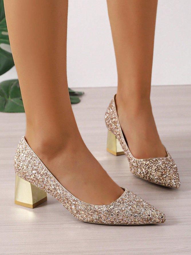 Women Glitter Point Toe Chunky Heeled Shallow Pumps