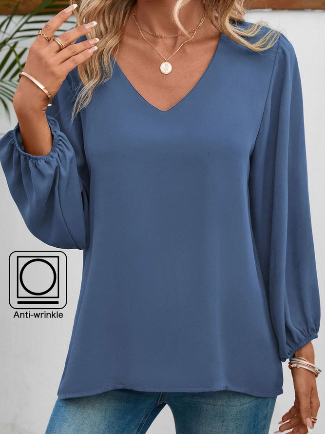 Non-Wrinkle Plain V Neck Loose Casual Shirt