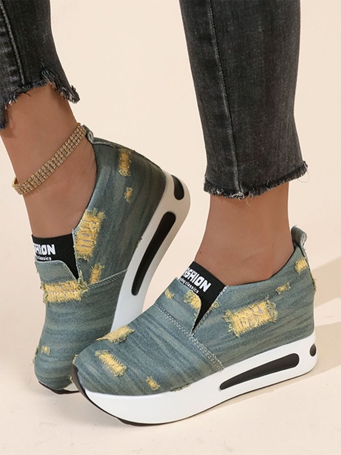 Casual Distressed Denim Slip On Hidden Wedge Sneakers