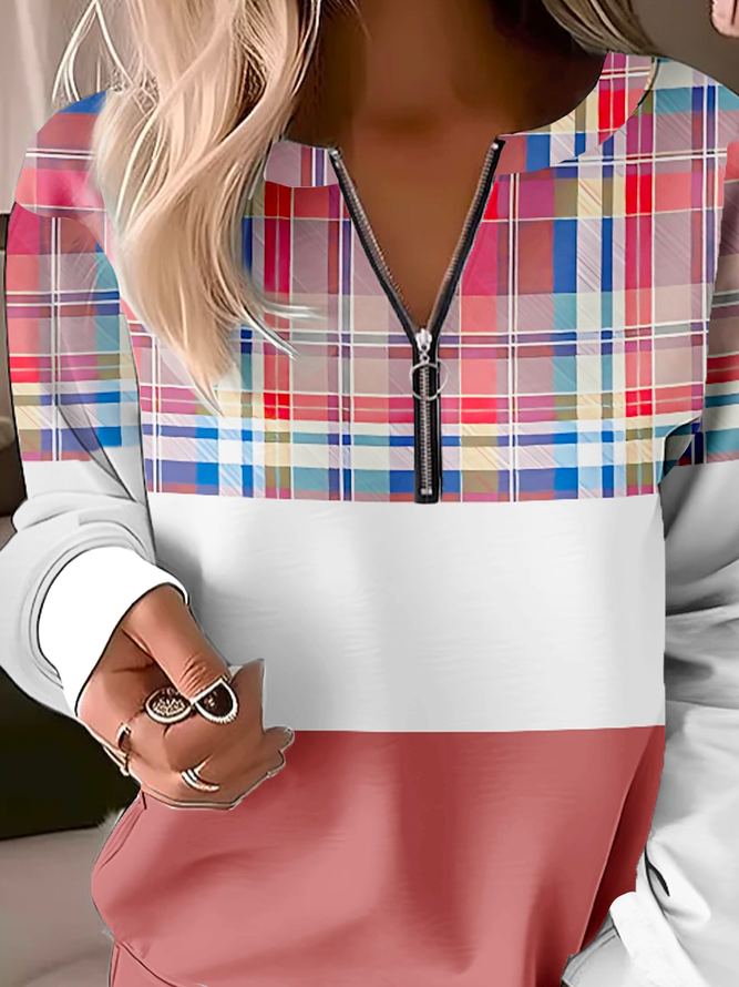 Classic Check Color Block Half Zipper Notched Neck H-Line Casual Sweatshirt