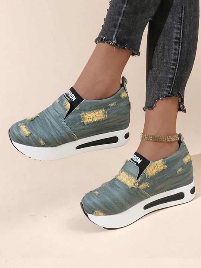 Casual Distressed Denim Slip On Hidden Wedge Sneakers