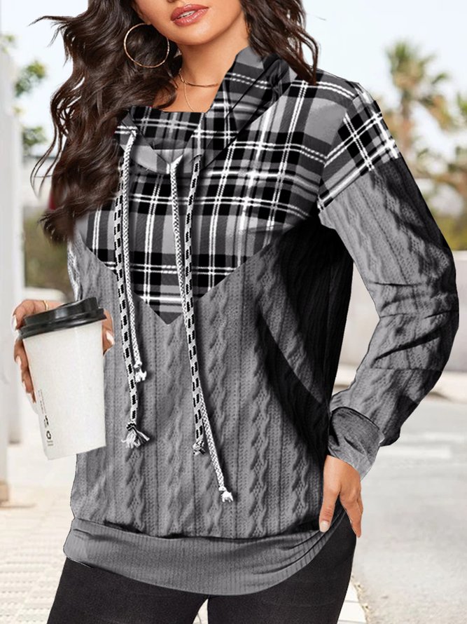 Casual Loose Classic Check Patchwork H-Line Turtleneck Plaid Knitted Long Sleeve Sweatshirt