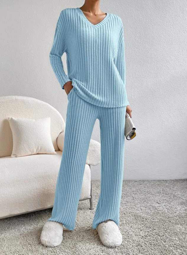 Plain V Neck Long Sleeve Top With Pants Loose Casual Two-Piece Set