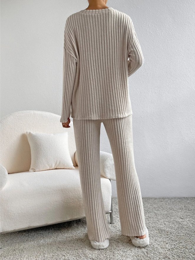 Plain V Neck Long Sleeve Top With Pants Loose Casual Two-Piece Set