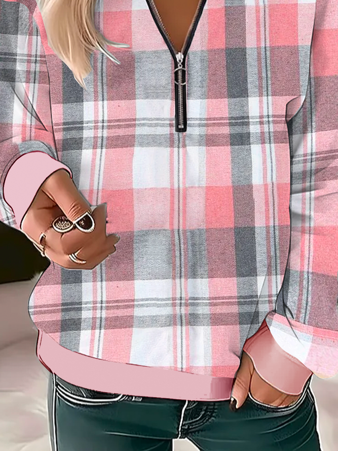 Casual Half Zip Plaid Sweatshirt