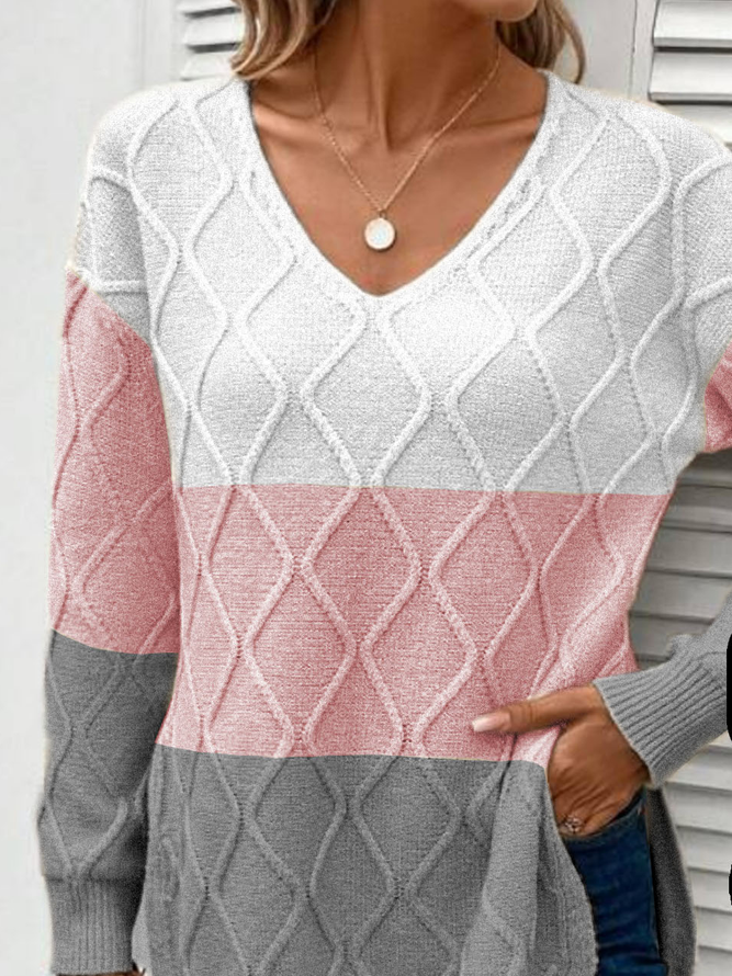 Color Block Casual V Neck Sweater