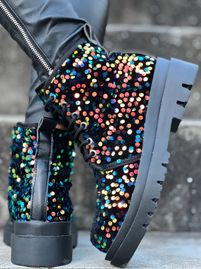Multicolor Sequins Lace-Up Thick Bottom Fashion Boots