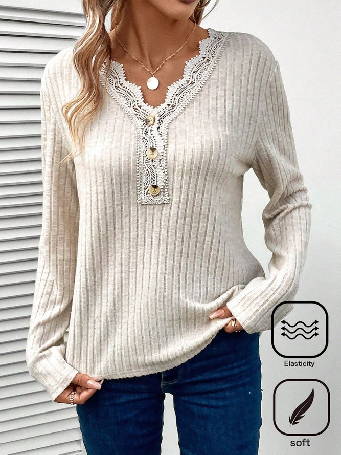 Casual Knitted Plain Lace T-Shirt