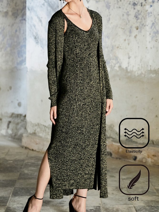 Plain Casual Regular Fit V Neck Two-Piece Set