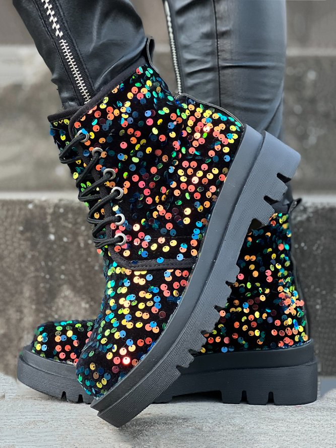 Multicolor Sequins Lace-Up Thick Bottom Fashion Boots