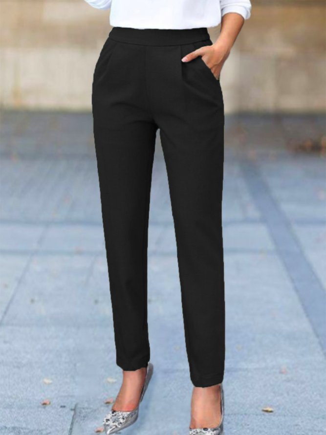 Plain Basic Casual H-Line Elastic Waistband Harem Pants With Pockets