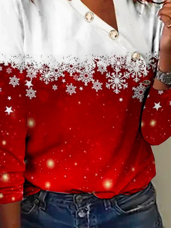 Christmas Buckle Asymmetrical Collar Design Jersey Casual H-Line T-Shirt