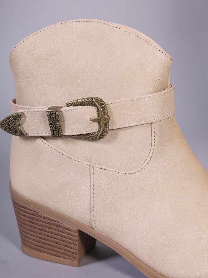Vintage Buckle Block Heel Zip Western Boots
