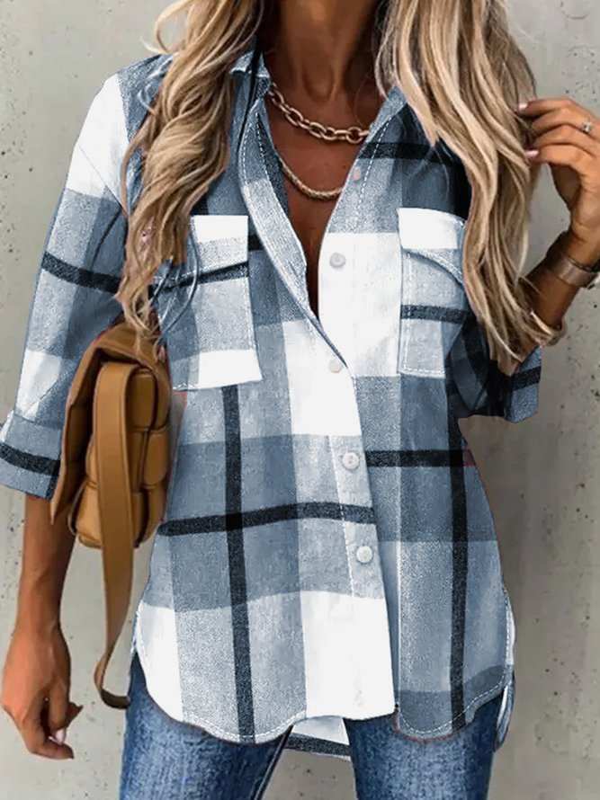 Classic Check Casual Loose Plaid Shirt Collar H-Line Long Sleeve Blouse