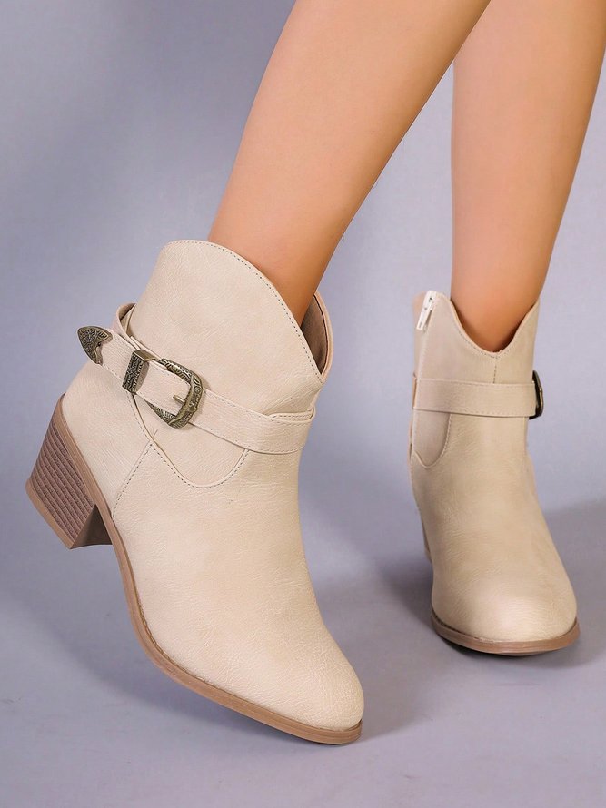 Vintage Buckle Block Heel Zip Western Boots