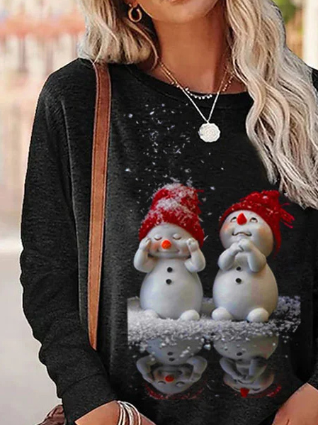 Christmas Snowman Logo Loose Jersey Casual Crew Neck Holiday H-Line Long Sleeve T-Shirt
