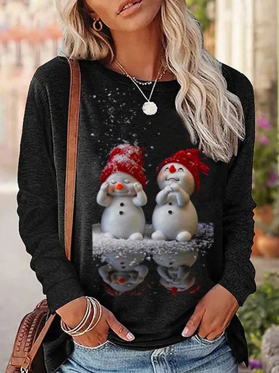 Christmas Snowman Logo Loose Jersey Casual Crew Neck Holiday H-Line Long Sleeve T-Shirt