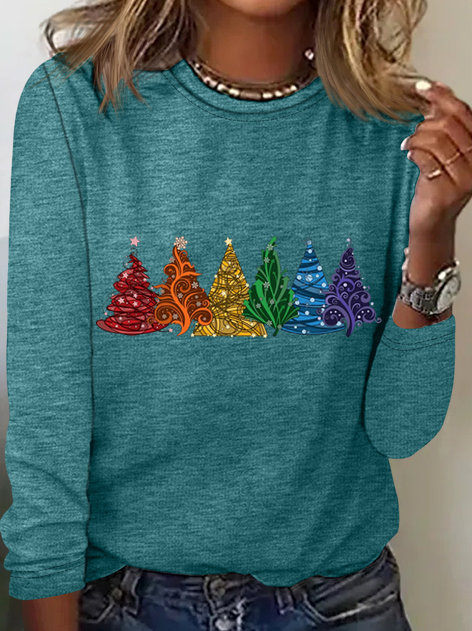 Women's Christmas Tree Daily Cotton-Blend Crew Neck Casual H-Line Long Sleeve Shirt