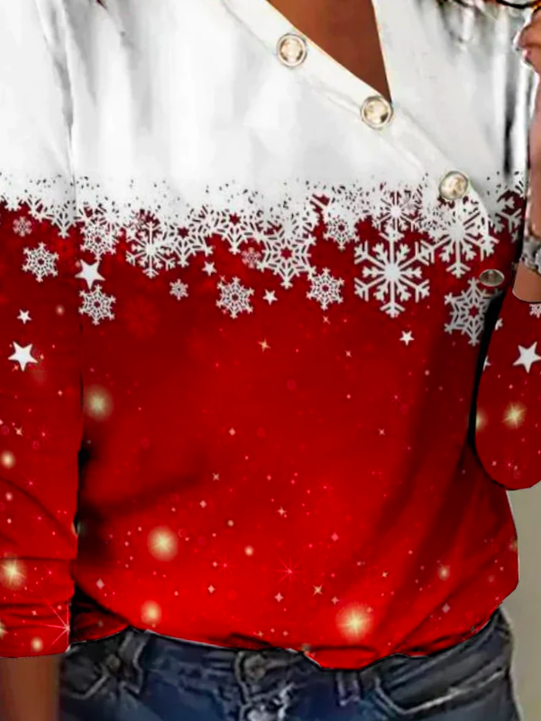 Plus Size Asymmetrical Collar Buckle Loose Casual Christmas T-Shirt