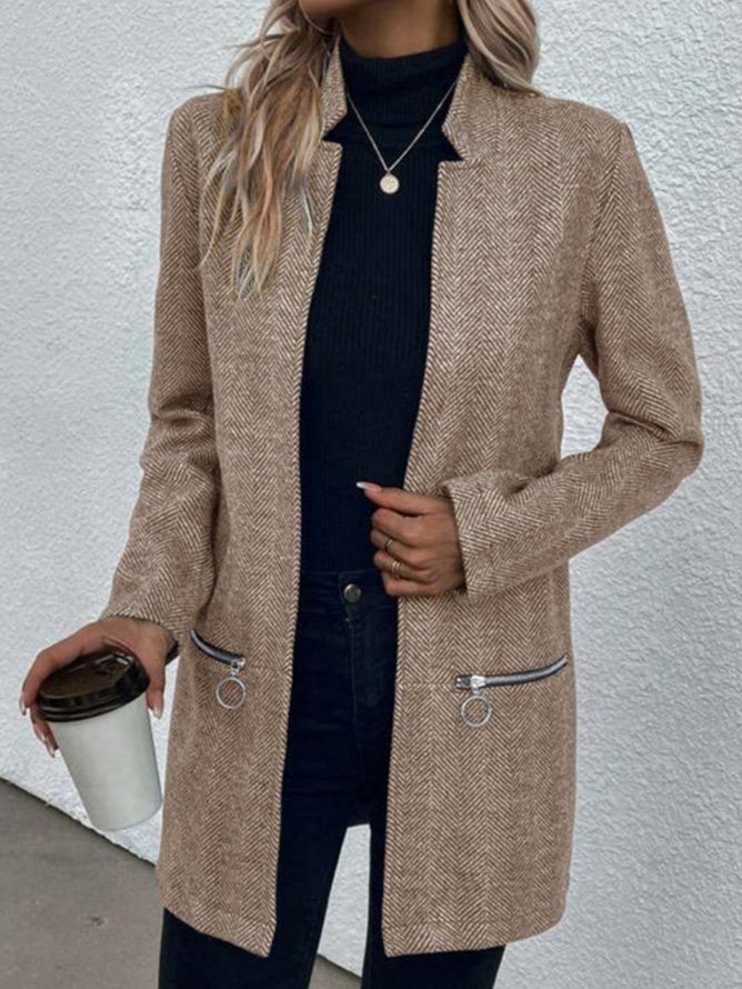 Casual H-Line Heavyweight Zipper Tweed Herringbone Mid-long Jacket