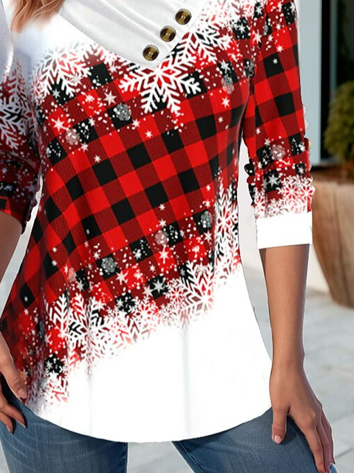 Casual Jersey Christmas Asymmetrical Buttoned V Neck H-Line Long Sleeve T-Shirt