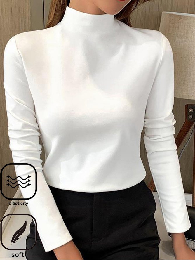 Knitted Warmth Half Turtleneck Casual Plain H-Line Long Sleeve T-Shirt