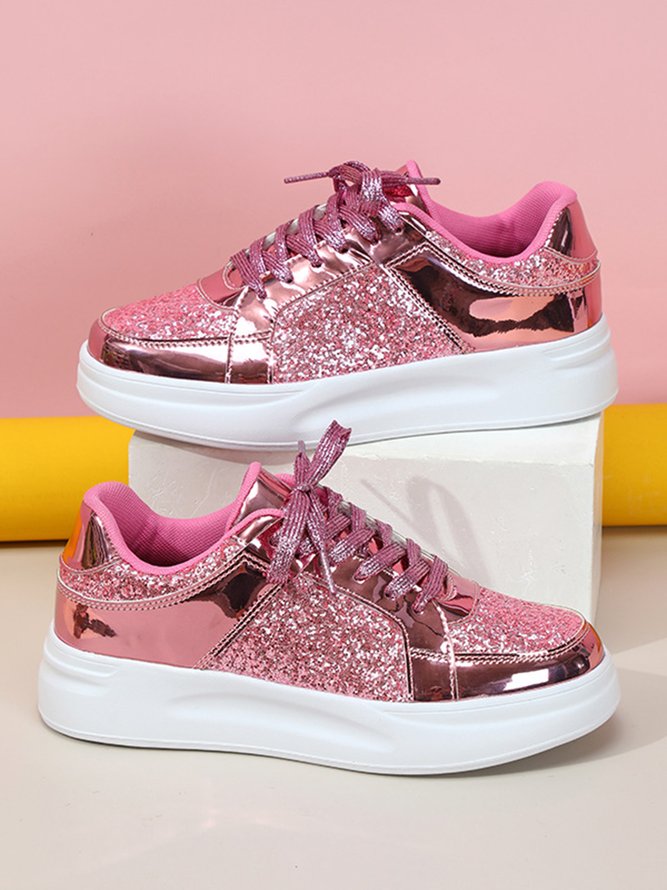 Women Fashion Glitter Paneled Lace-Up Skate Shoes