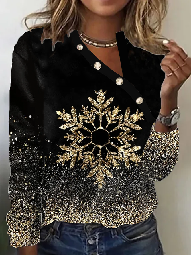 Christmas Loose Buckle Asymmetrical Collar Jersey H-Line Casual T-Shirt