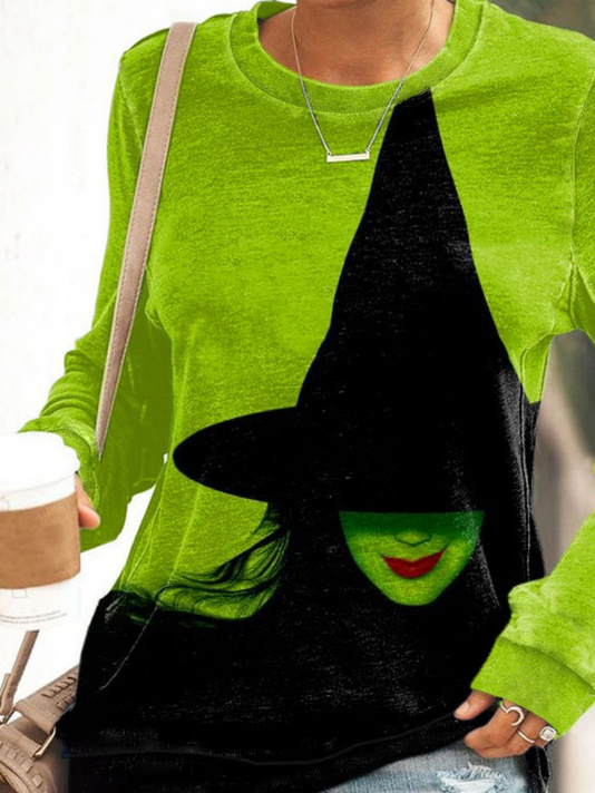 Halloween Witch Casual Loose Knitted Magic Hat Print Crew Neck H-Line Sweatshirt