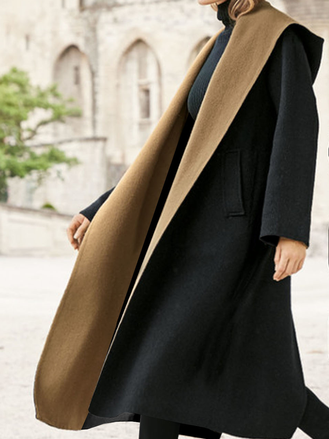 Casual Color Block Woolen Hoodie Coat