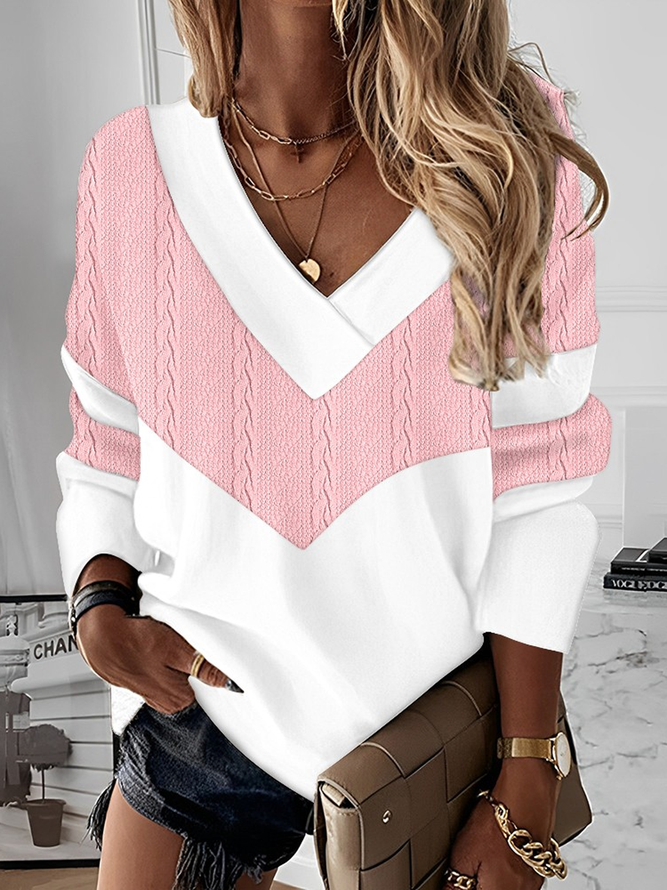 Casual Loose V Neck Color Block Long Sleeve H-Line Sweatshirt