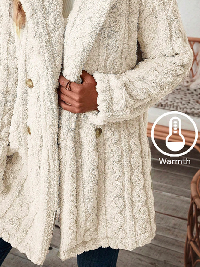 Plus size Fleece Lapel Collar Plain Winter Thicken Loose Casual H-Line Teddy Jacket