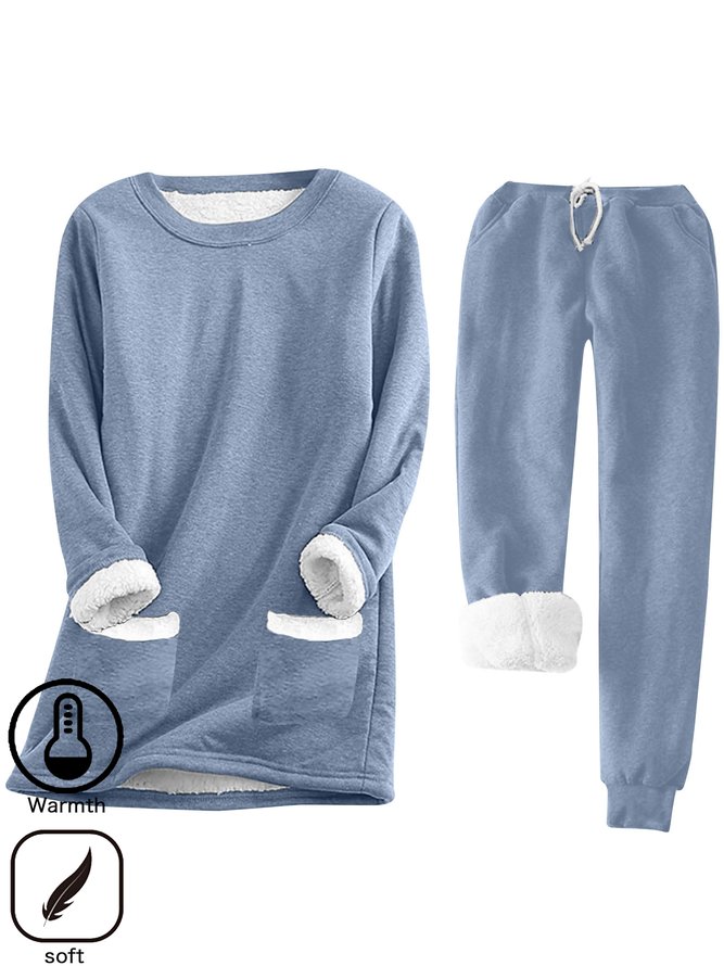Heavyweight Fleece Crew Neck Long Sleeve Top With Pants Casual Plain Warmth Two-Piece Set
