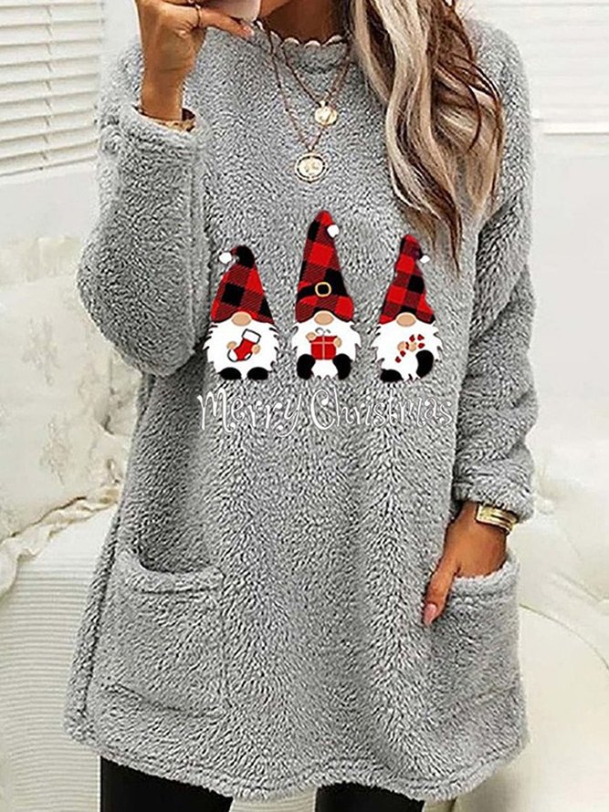 Christmas Fluff/Granular Casual Loose Holiday Crew Neck H-Line Long Sleeve Sweatshirt