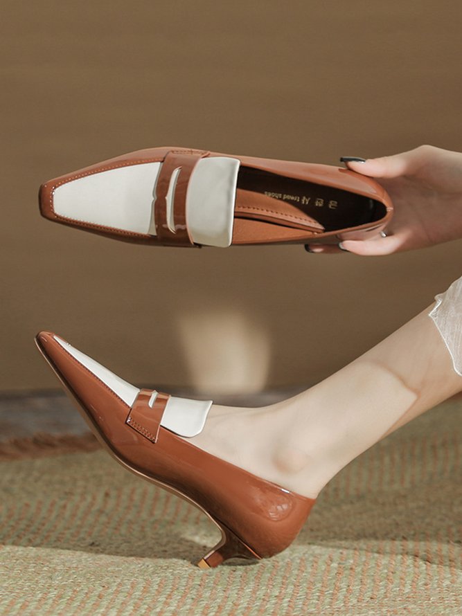Women Elegant Color Block Patent Leather Block Heel Loafers