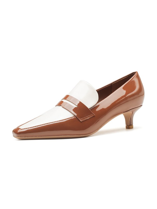 Women Elegant Color Block Patent Leather Block Heel Loafers