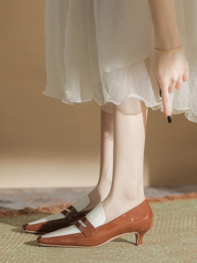 Women Elegant Color Block Patent Leather Block Heel Loafers