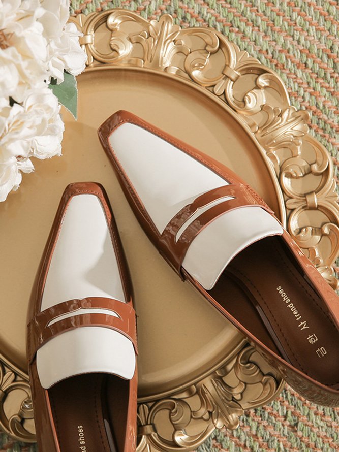 Women Elegant Color Block Patent Leather Block Heel Loafers