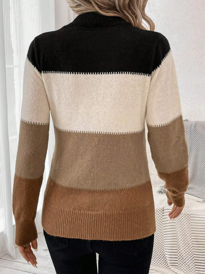 Casual Loose Yarn/Wool Yarn Winter Heavyweight Color Block H-Line Half Turtleneck Sweater