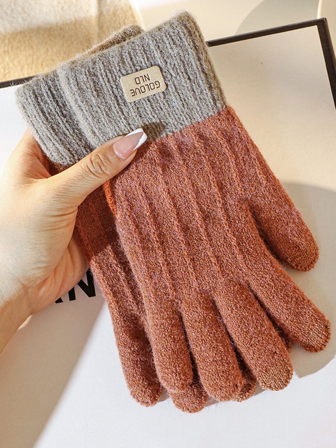 Women Winter Wool-Blend Heavyweight Casual Color Block Five-finger Gloves