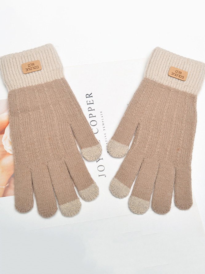 Women Winter Wool-Blend Heavyweight Casual Color Block Five-finger Gloves
