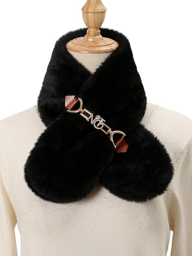 Elegant Rhinestone Buckle Furry Neck Gaiter Warmth Scarf