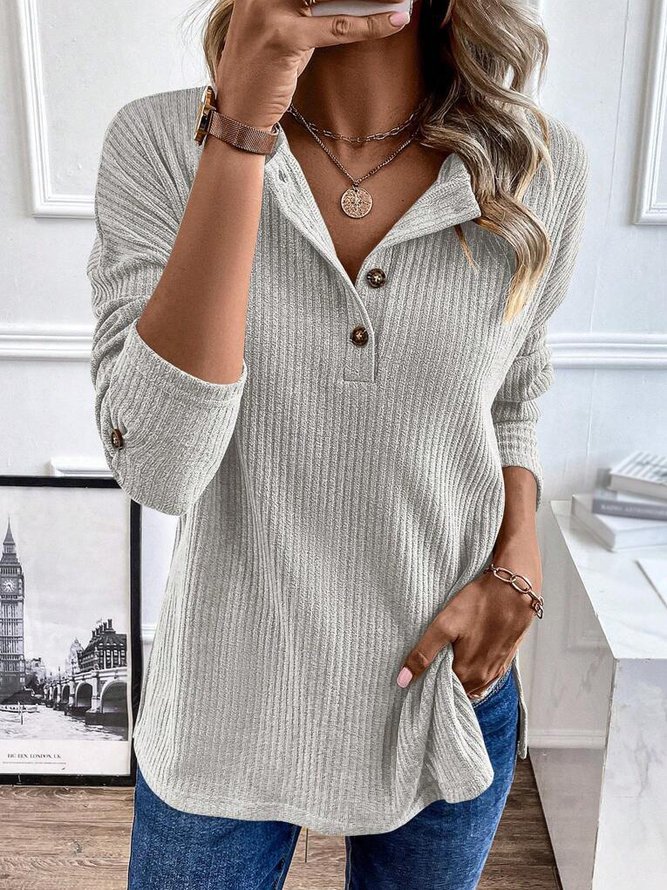 Daily Plain Knitted Buckle Crew Neck Casual Loose H-Line Long Sleeve T-Shirt