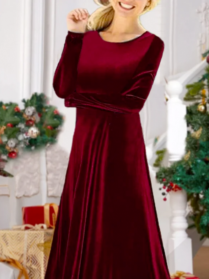 Plus Size Christmas Velvet Daily Casual Plain Crew Neck A-Line Long Sleeve Maxi Dress