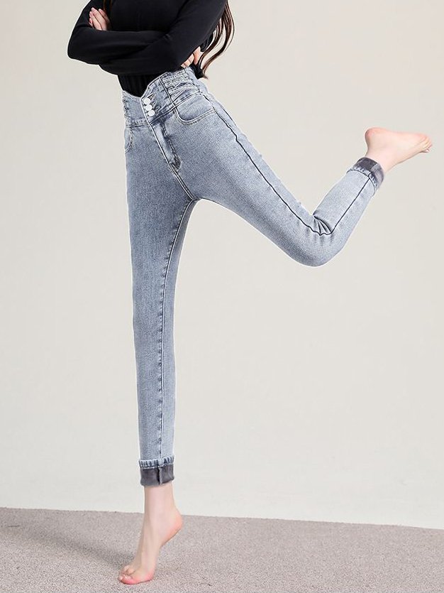 Fleece Plain Casual Denim Jeans
