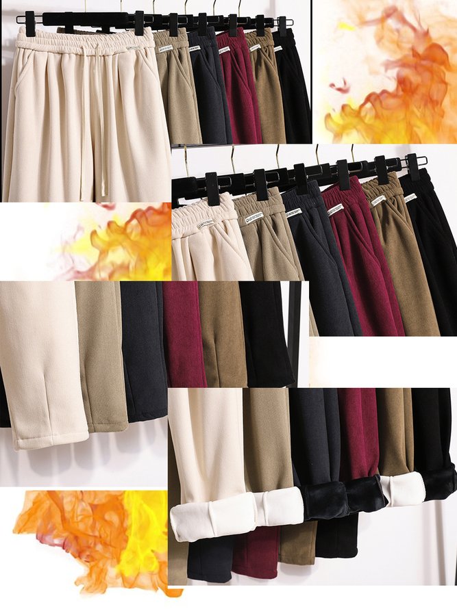 Corduroy Winter Fleece Loose Corduroy Casual Plain Straight Long Pants With Elastic Band