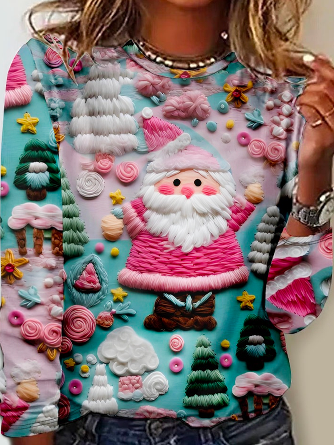 3D Print Christmas Pink Santa Claus Daily Regular Fit Casual Crew Neck Long Sleeve H-Line Shirt