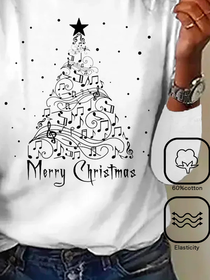 Christmas Tree Letter Print Warmth Loose Daily Casual Crew Neck H-Line Long Sleeve T-Shirt