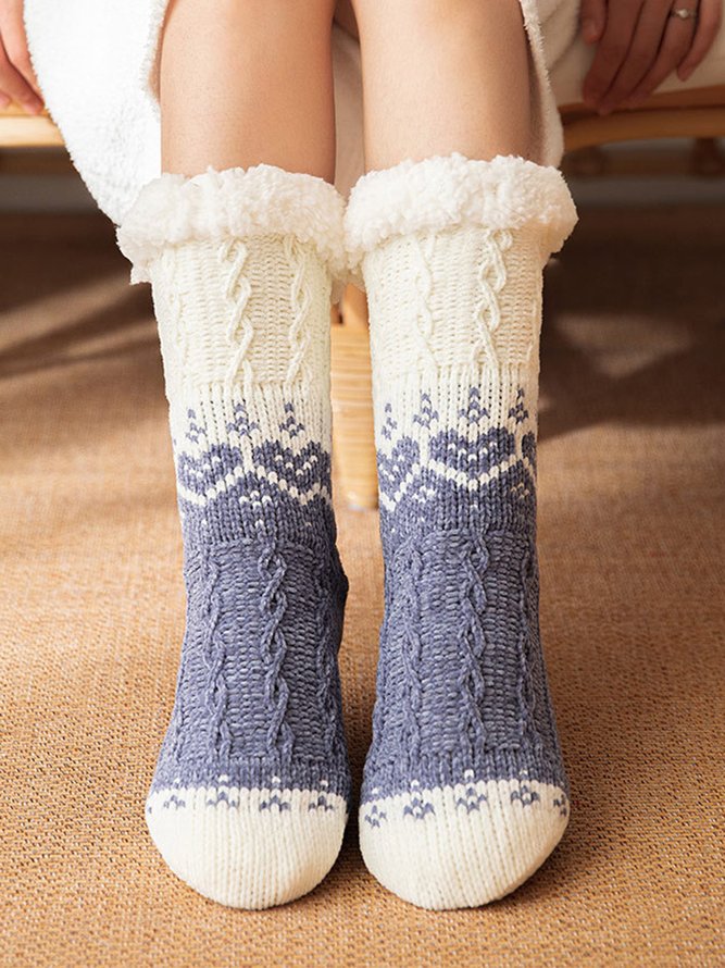 1pair Christmas Color Block Sports Knitted Thicken Floor Socks
