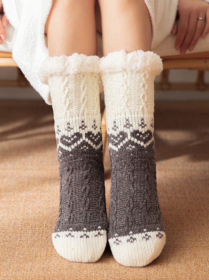 1pair Christmas Color Block Sports Knitted Thicken Floor Socks